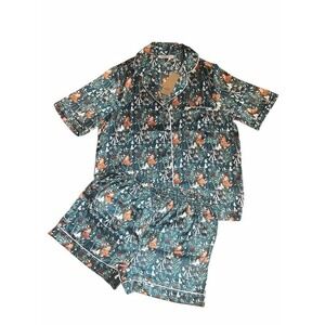 New Their Nibs Pajamas‎ 2pc Owl Floral Lounge Shorts Silky Green NWT Size Large